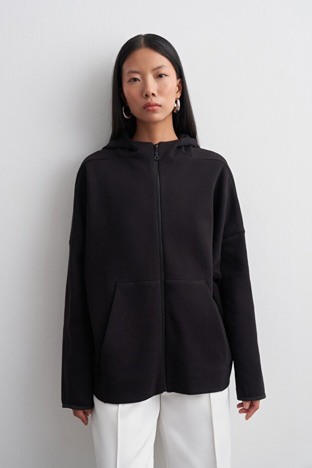 Hooded Textured Cardigan Black