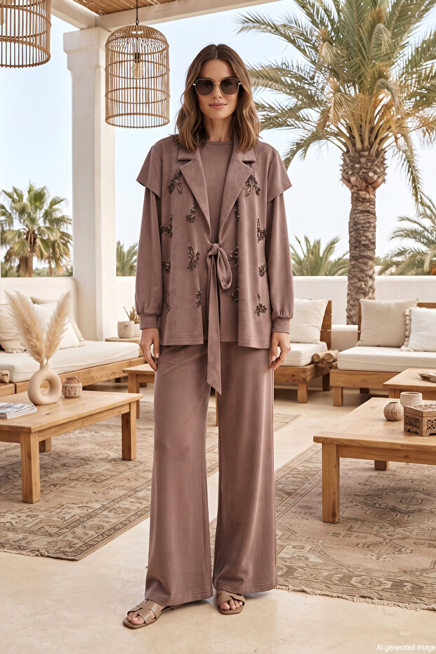 Three-Piece Suit with Embroidered Vest and Belted Trousers 101077 Brown