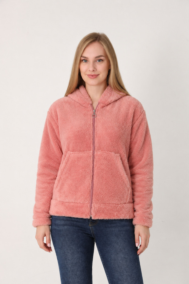 Women's Trend Hooded Zippered Pink Plush Cardigan