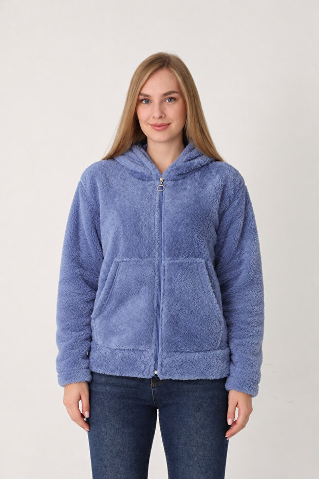 Women's Trendy Hooded Zippered Blue Plush Cardigan