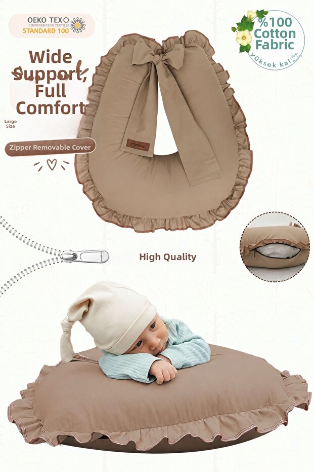 Ruffle Breastfeeding Pillow, Baby Support Cushion, Pregnancy Pillow, Cotton Fabric, Ruffle Series, Cappuccino