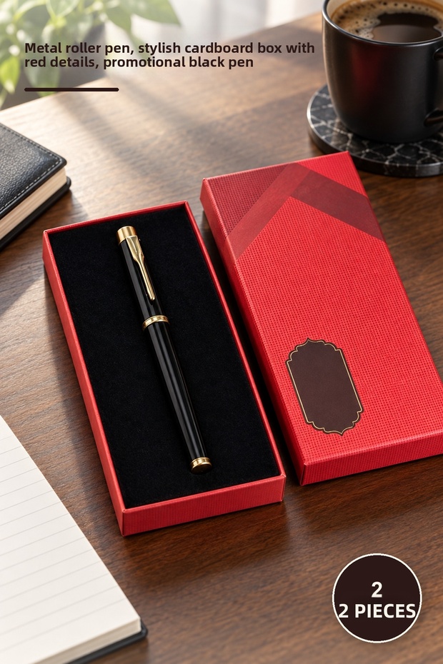 2 Pieces of Black Metal Pen with Box – Metal Roller Pen, Red Detailed Gift and Promotional Black Pen in a Stylish Cardboard Box