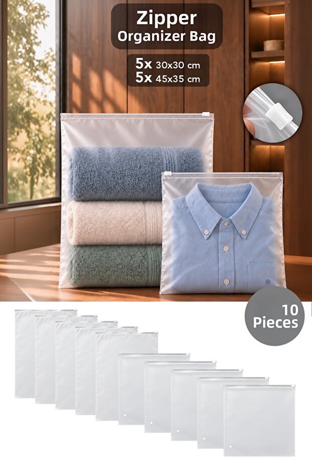 10-Piece Zippered Mixed Set - Transparent Frosted Lockable Organizer for Closet Organization - 30X30Cm - 45X35Cm