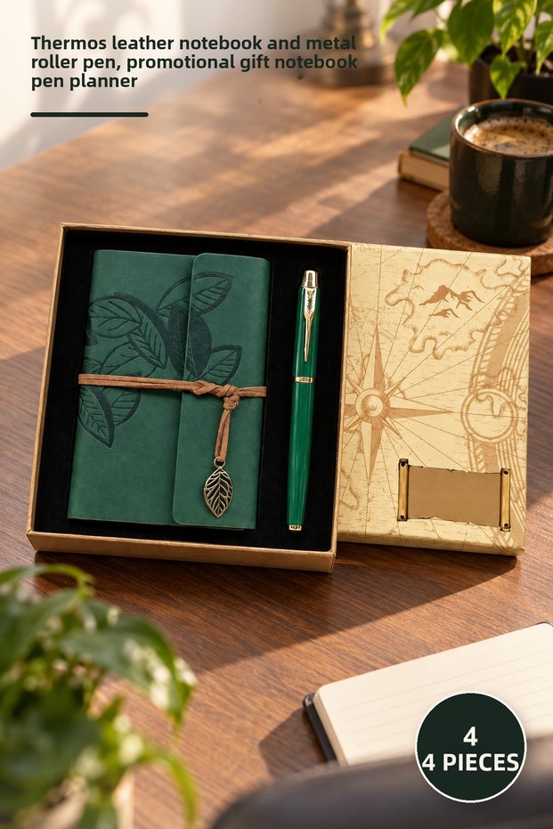 4-Piece Special Design Notebook Pen Set – Boxed Thermo Leather Notebook and Metal Roller Pen, Promotional Gift Notebook Pen Agenda