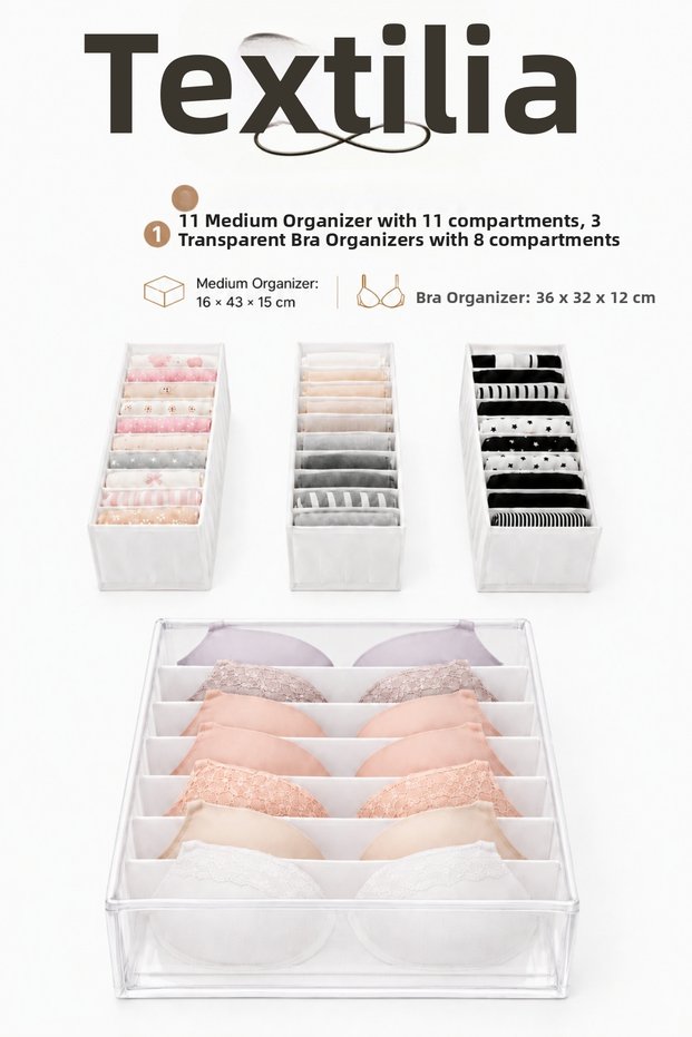 4-Piece Drawer Organizer Set - 11-Compartment Sock Organizer and 8-Compartment Bra Organizer