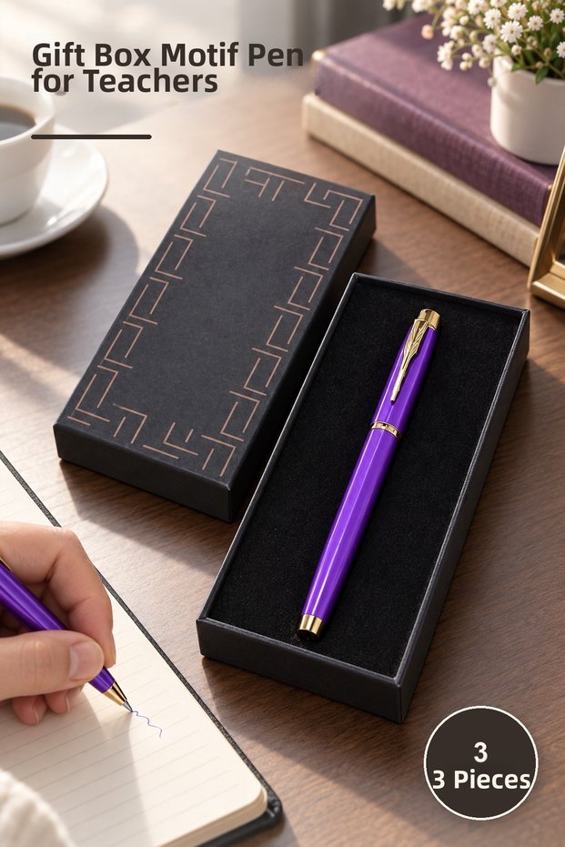 3 Pieces of Purple Metal Roller Pens – Boxed with Motifs, Gift for Teachers, Metal Pen Roller