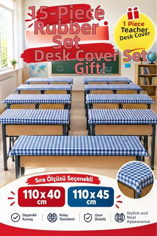 15 Pieces School Desk Cover Elastic Tablecloth Cotton Fabric Blue Gingham