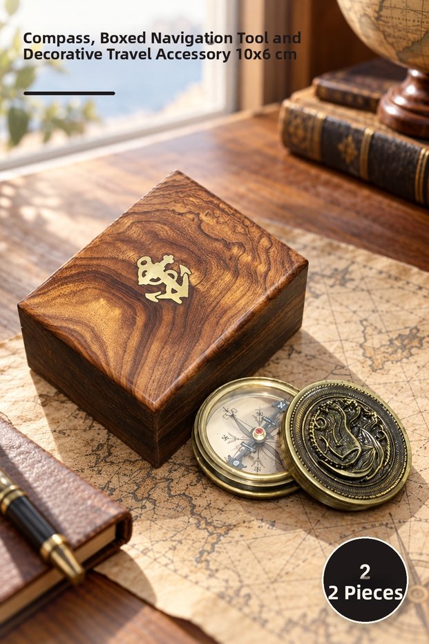 2 Pieces Brass Compass with Wooden Box – Compass, Navigation Tool with Box, and Decorative Travel Accessory 10X6 cm