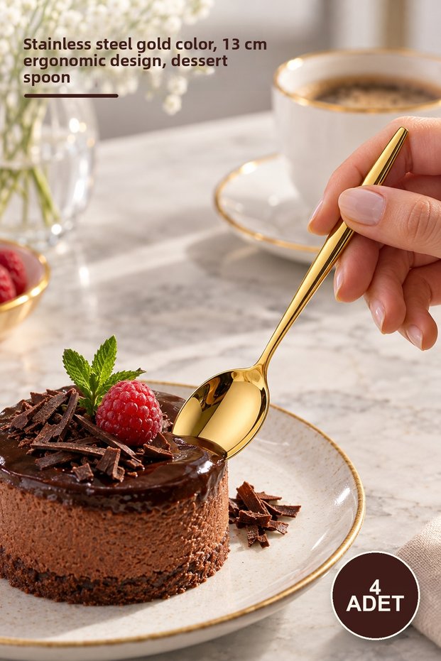 4-Piece Dessert Spoon Set – Stainless Steel Gold Color, 13 cm Ergonomic Design, Serving Spoon Dessert Spoon