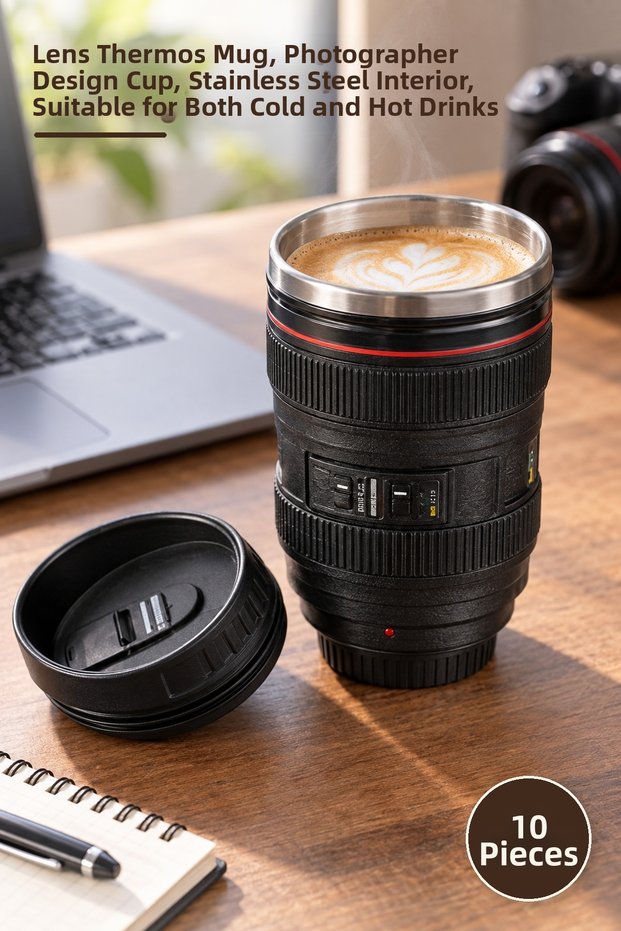 10 Pieces of Objective Mugs – Lens Thermos Mug, Photographer-Designed Mug, Steel Interior, Suitable for Both Cold and Hot.