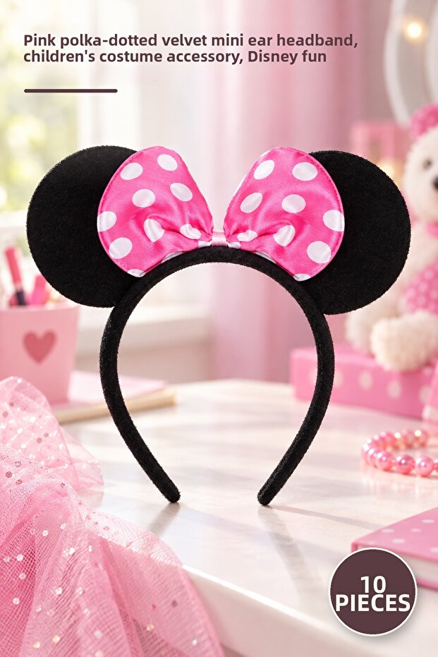 10 Pieces of Minnie Mouse Crown – Mini Ear Headband with Pink Polka Dot Bow, Children's Costume Accessory, Disney Entertainment