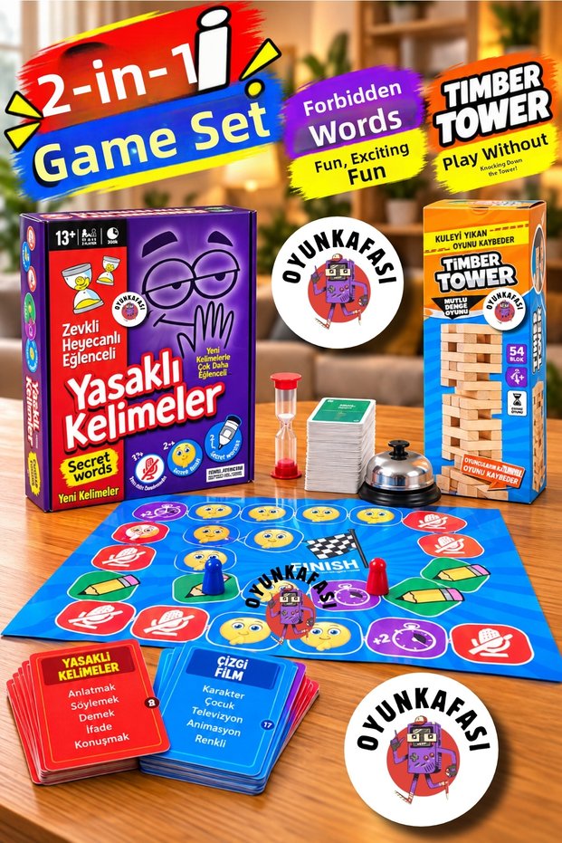 2-Pack Banned Words Maxi and Balance Game Set – Word Telling Game + Timber Tower 54 Block Tower Game