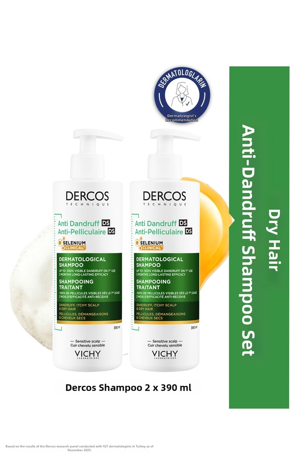 Dercos Anti-Dandruff Hair Care Shampoo for Dry Hair 390 ml X 2 Pcs