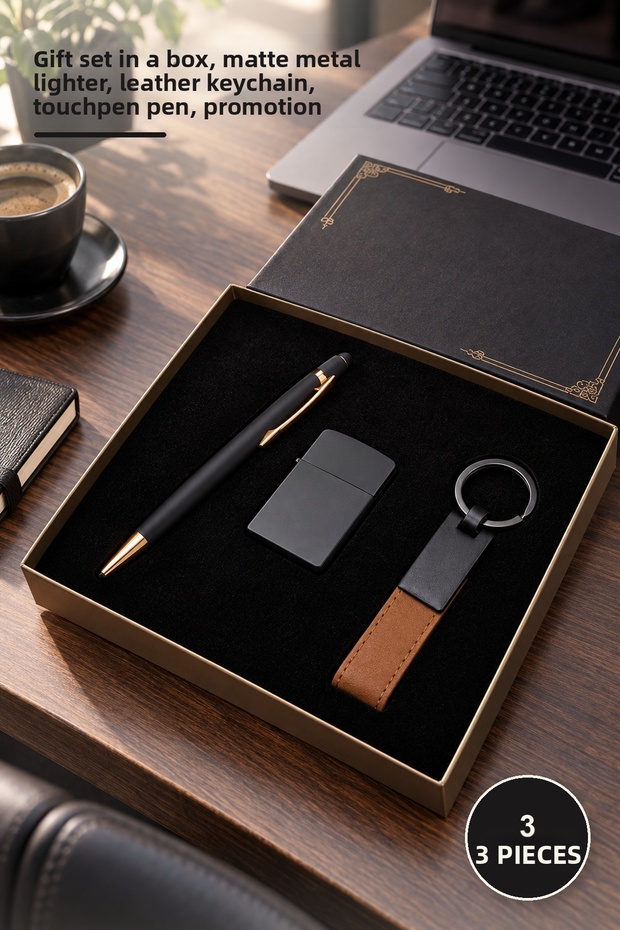 3-Piece Black Rubber Pen Lighter and Keychain Set – Boxed Gift Set, Matte Metal Lighter, Leather Keychain, Touchpen Pen, Promotion