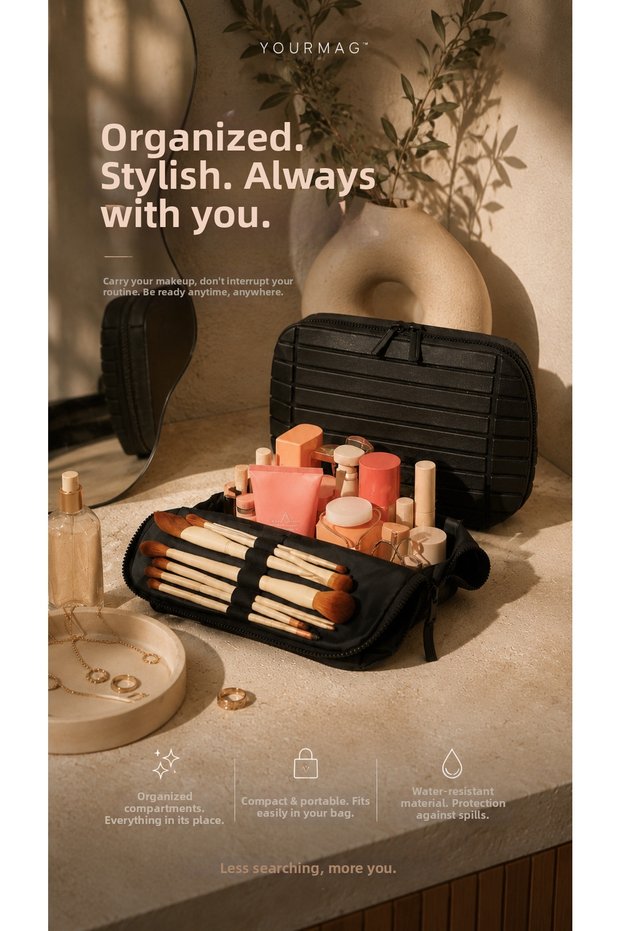 Premium Leather Makeup Bag - Cosmetic Bag & Travel Makeup Bag