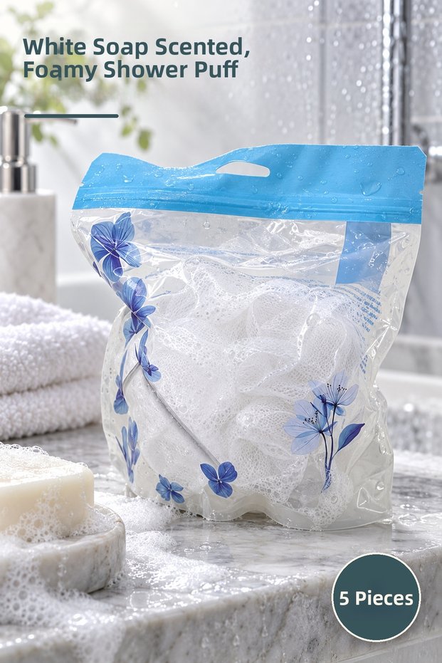 5 Pieces of Soap Bath Loofah – White Soap Scented, Foaming Shower Loofah, Mesh Loofah, Shower Puff
