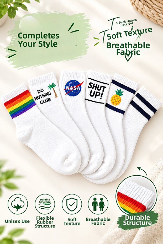 6 Pairs of Cotton Patterned Unisex College & Sneaker Matching Socks for Women and Men