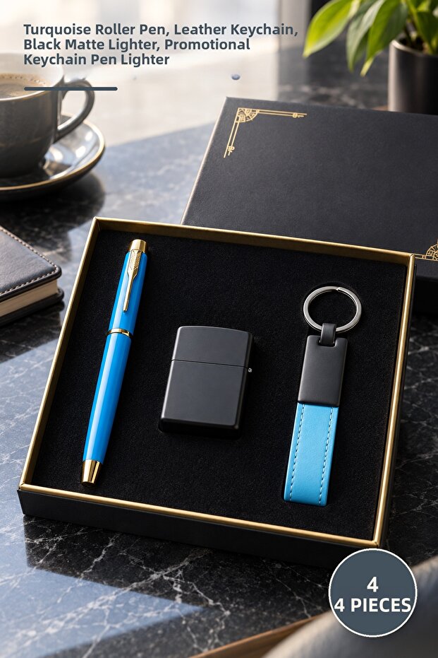 4-Piece Boxed Lighter, Keychain, and Roller Pen Set – Turquoise Roller Pen, Leather Keychain, Black Matte Lighter, Promotional Keychain Pen Lighter