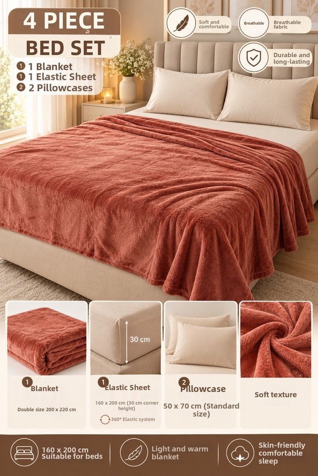 Double Size Super Soft Blanket Bedspread Set 200X220 cm – 160X200 cm Elastic Fitted Sheet and 2 Pillowcases 4 Pieces