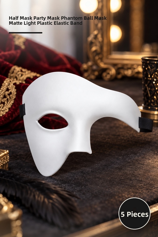 5 Pcs White Half Men's Mask – Half Face Party Mask Phantom Prom Mask Matte Lightweight Plastic Elastic Band Half Mask