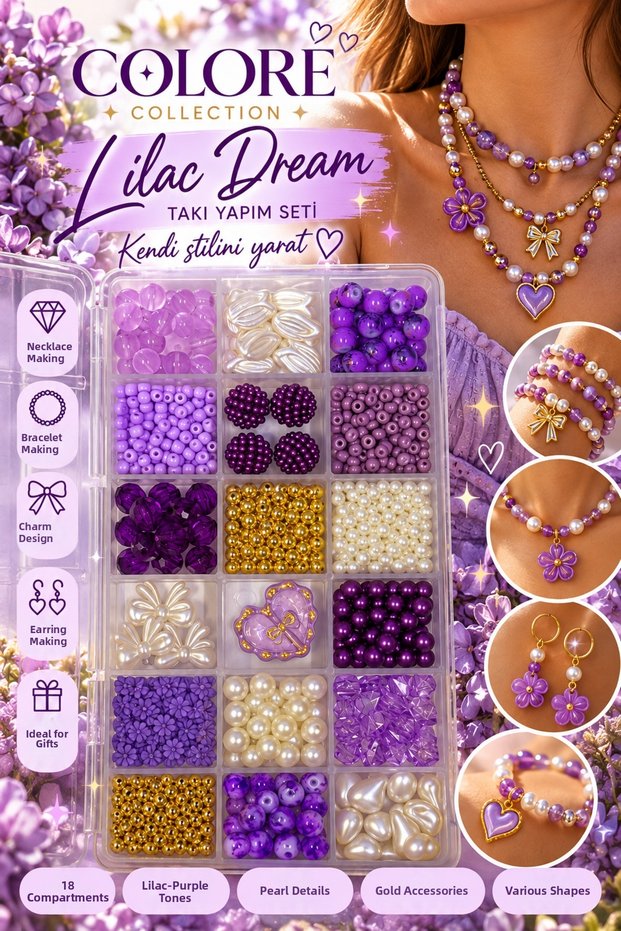 💜 By Mo Coloré Collection Lilac Dream – Lilac Purple Pearl & Gold Detailed 18 Compartment Jewelry Making Hobby Set