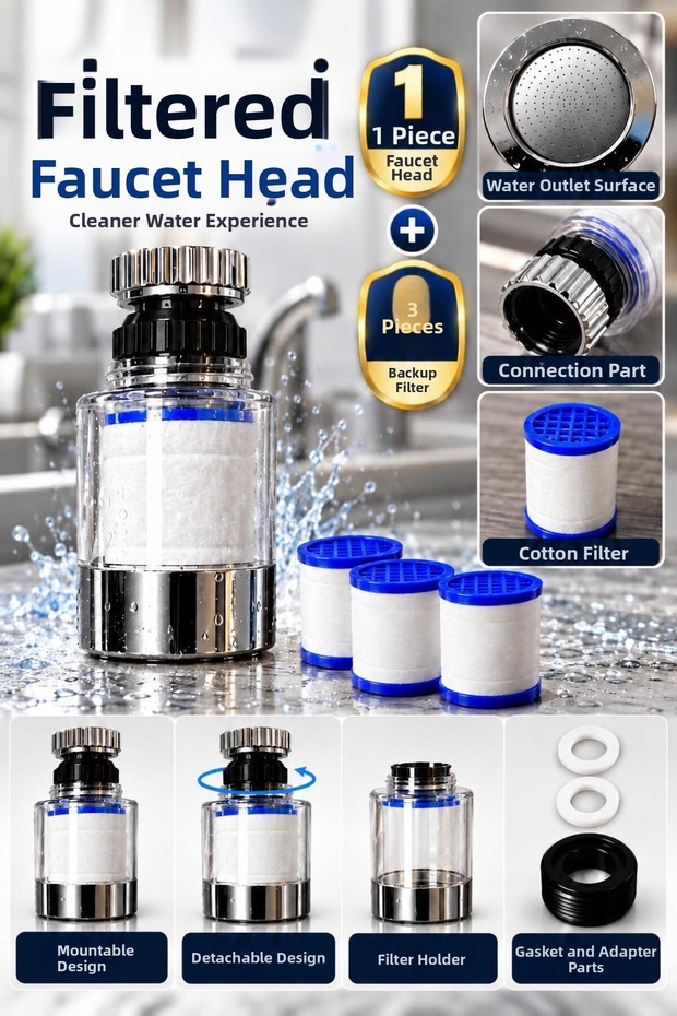Filtered Faucet Head 1+3 Set – Water Filter Faucet Tip, Kitchen and Sink Faucet Filter with Replaceable Filter Cartridge