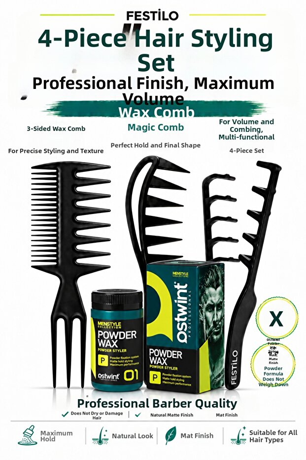 4-Piece Hair Styling Set 20 Gr Powder Wax + 3-Piece Hair Comb Men's Hair Styling Set