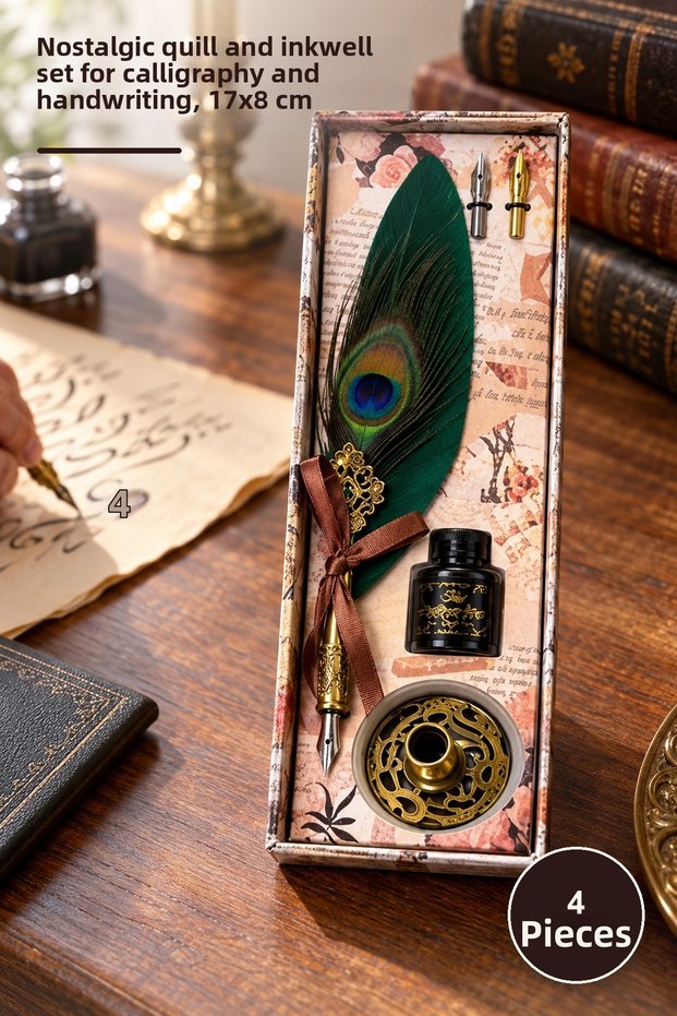 4-Piece Vintage Dip Pen and Inkwell Set – Nostalgic Dip Pen and Inkwell, Dip Pen Inkwell Set for Handwriting and Calligraphy 17X8 cm