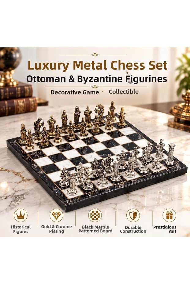 Luxury Metal Chess Set with Ottoman Byzantine Figures, Chrome Black Marble Pattern, 20X20 Premium Gift Set