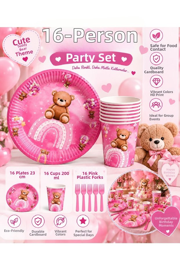 Pink Teddy Bear Birthday Party Set for 8 and 16 People, Plate, Cup, Fork Set, Girl's Party Decoration for 8 and 16 People | Plate, Cup, Fork Set | Birthday Table Decoration