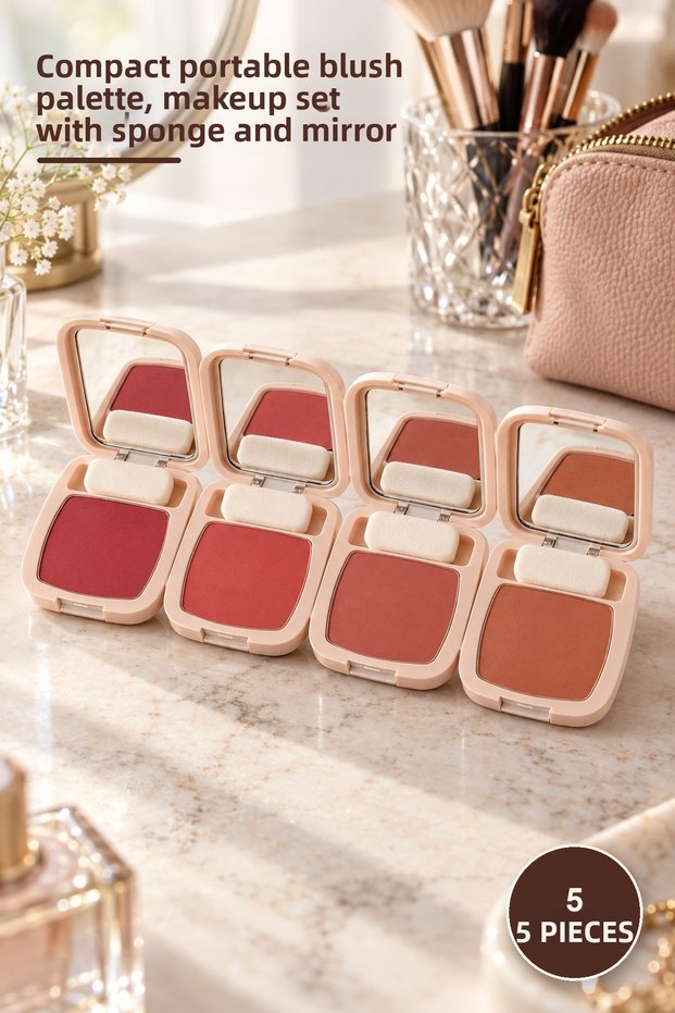 5-Piece Mirrored Blush Set of 4 – Compact Portable Blush Palette, Makeup Set Including Sponge and Mirror
