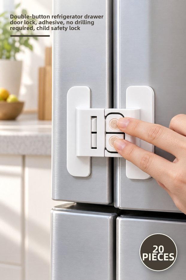 20 Pieces Child Safety Lock – Double Button Refrigerator Drawer Cabinet Door Lock, Adhesive No Drilling Required Child Safety Lock