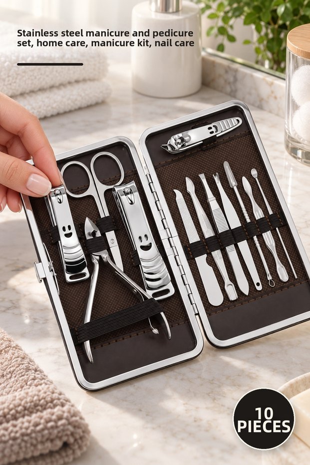 10 Piece Ocean Manicure Set – Manicure and Pedicure Set with Stainless Steel Box, Home Care, Manicure Kit, Nail Care
