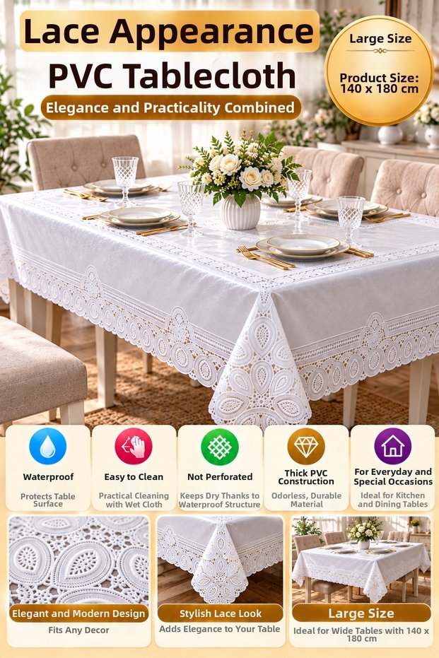 White 140X180 cm Lace Look Pvc Tablecloth Liquid Proof Wipeable Kitchen Table Cover Luxury