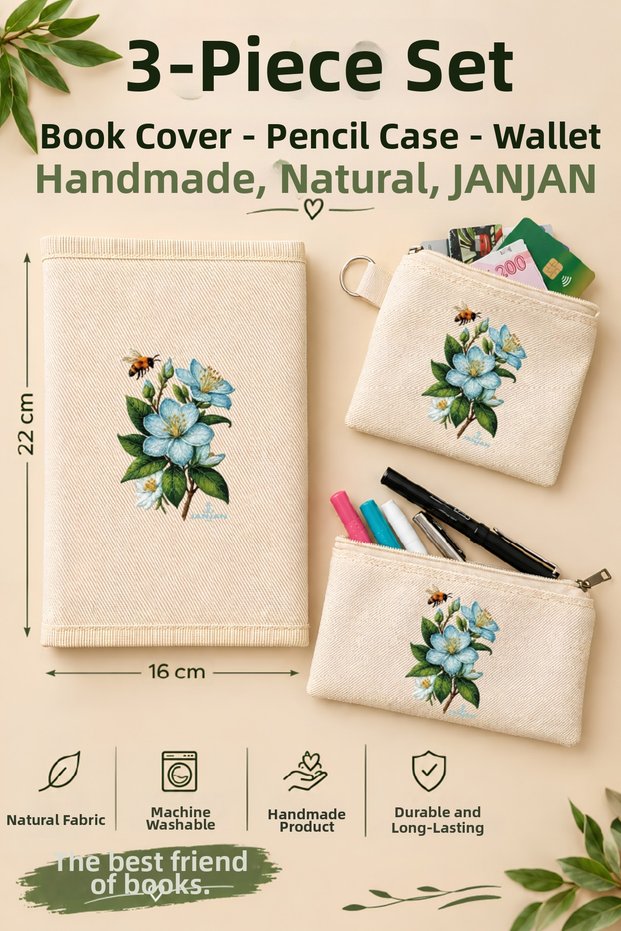 3-Piece Natural Fabric Book Cover Set, (Book Cover-Pen Holder-Wallet), Washable Book Cover, Book Protector, (Open Size 32X22Cm) (Closed Size 16X22Cm) Book Protective Bag, Book Sleeve, Gift for Book Lovers