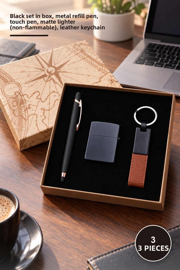 3-Piece Keychain Lighter and Touchpen Rubber Pen – Boxed Black Set, Metal Ballpoint Pen Touchpen, Matte Lighter (Gas-Free), Leather Keychain