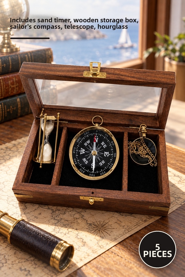 5-Piece Brass Compass and Telescope Set – Includes Hourglass, Wooden Storage Box, Sailor Compass Telescope Hourglass