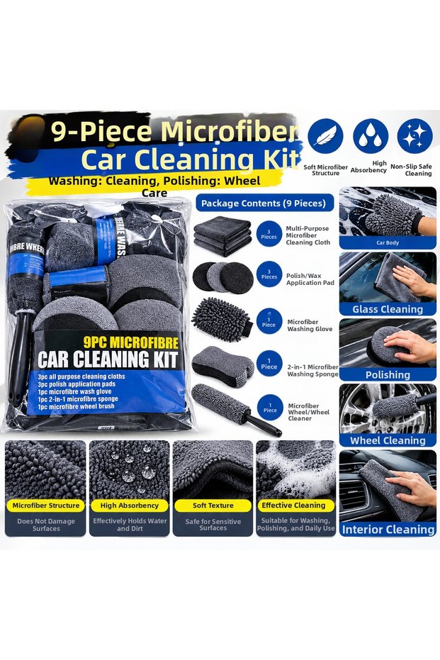9 Pieces Microfiber Car Cleaning Kit Auto Wash Polish Pad Wheel Brush Washing Glove and Cleaning Cloth