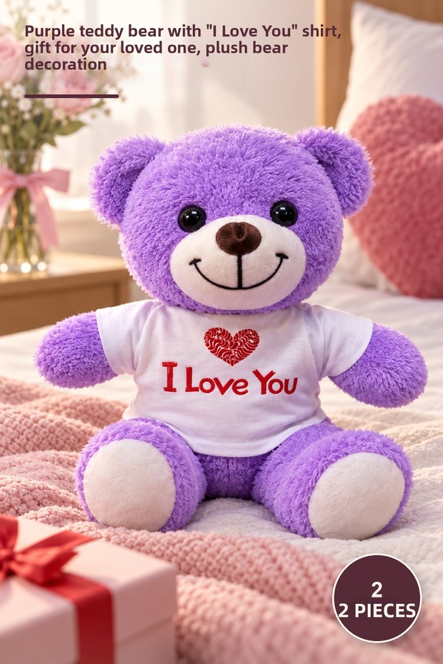 2 Plush Bears – Purple Teddy Bear with I Love You Written on T-Shirt, Gift for Your Loved One, Plush Bear Decoration