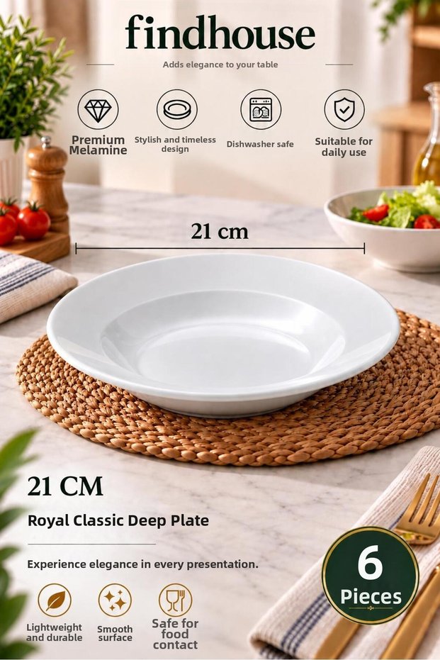 6 Pcs 21cm Royal Series Premium Melamine Classic Deep Dinner Plate for Cafe, Diner, Workplace, Restaurant, Hotel