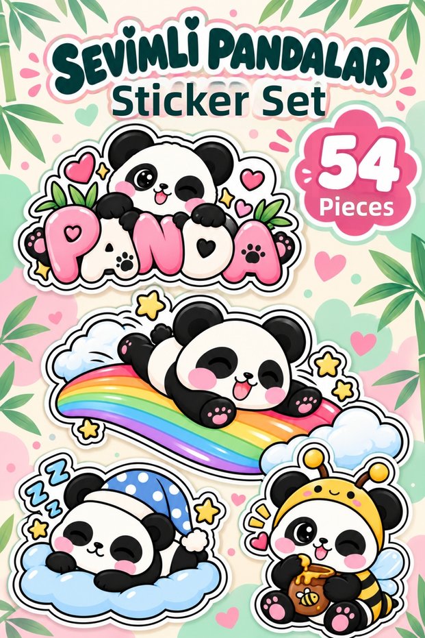 Cute Pandas Sticker Set 54 Pieces | Sweet Panda Sticker Pack
