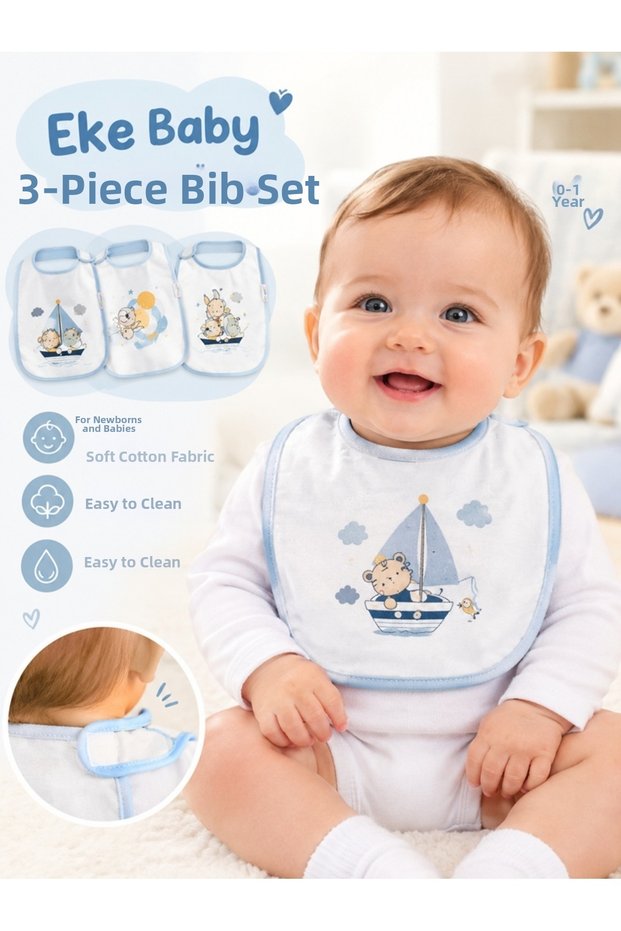 Blue 3-Piece Patterned Sleeveless Cotton Washable Baby Food and Drool Bib (0-1 Year Old Newborn)