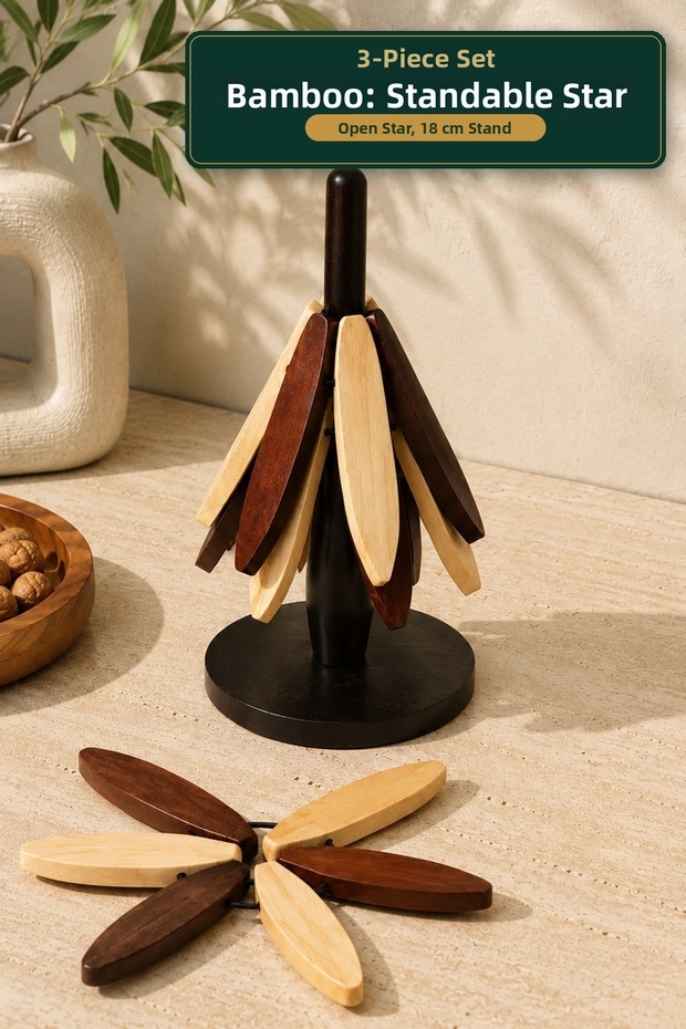 3-Piece Coaster Set with Bamboo Stand, Expandable Star Wooden Pot Coaster with Decorative Stand