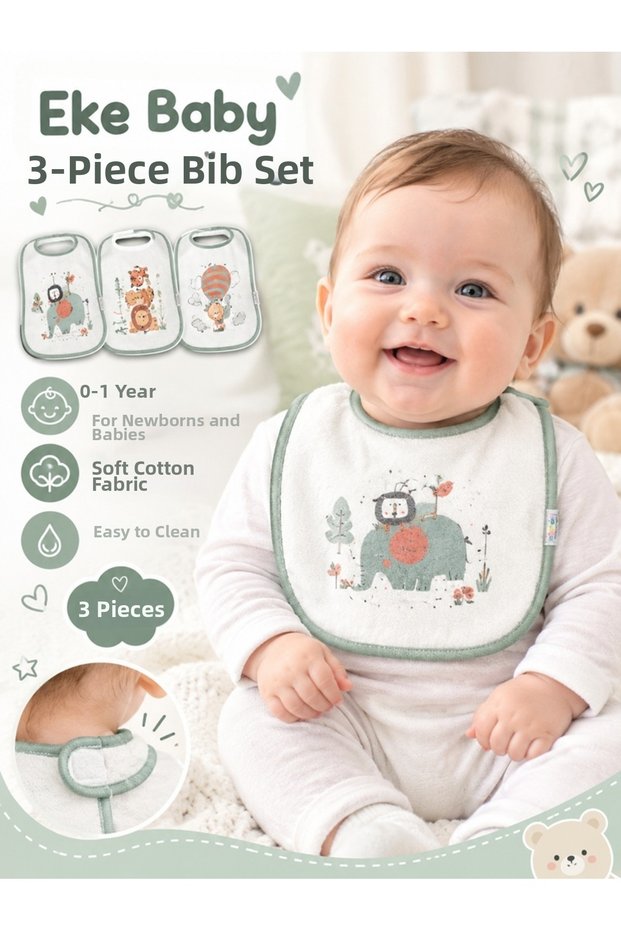 Green 3-Piece Patterned Sleeveless Cotton Washable Baby Food and Drool Bib (0-1 Year Old Newborn)