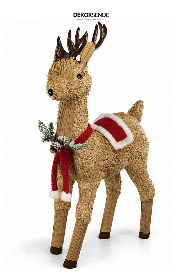 New Year's Natural Wicker Textured Red Decorated Standing Large Deer Figure 90 cm
