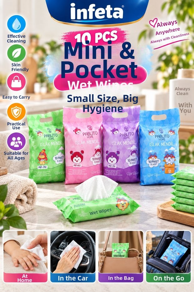 10 Pack Mini Pocket Wet Wipes Portable Bag Size Practical Daily Cleaning Wipes