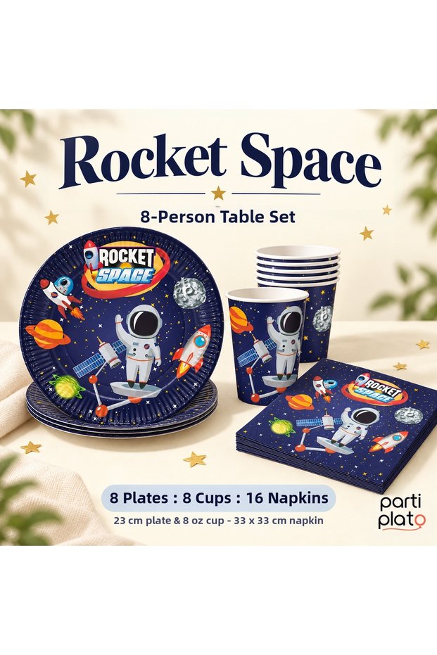 Space Themed Birthday Tableware Set for 8 People 8 Plates 8 Cups 16 Napkins Rocket Space
