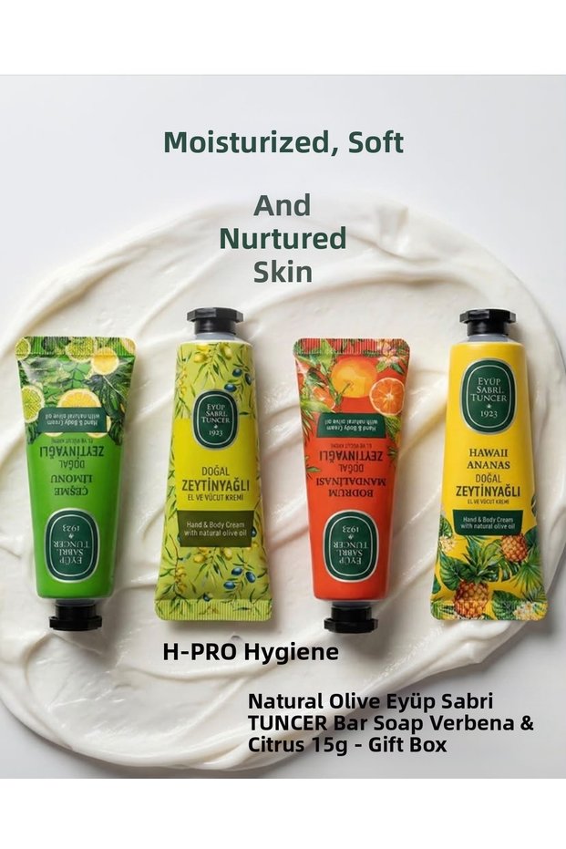 4 Different Types of 50 ml Hand and Body Creams, Natural Olive Oil Solid Soap Verbena & Citrus 15 Gr - Boxed Gift