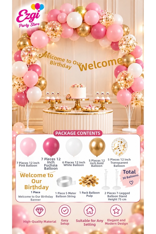 Pink Mevlid Decoration Set 30 Balloons 2 Balloon Stands Welcome to Our Mevlid Celebration Gold Banner