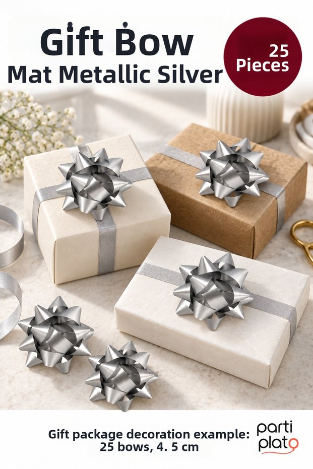 Silver Matte Metallic Star Bow 25 Pieces 4.5 cm Raffia Gift Wrap Decoration